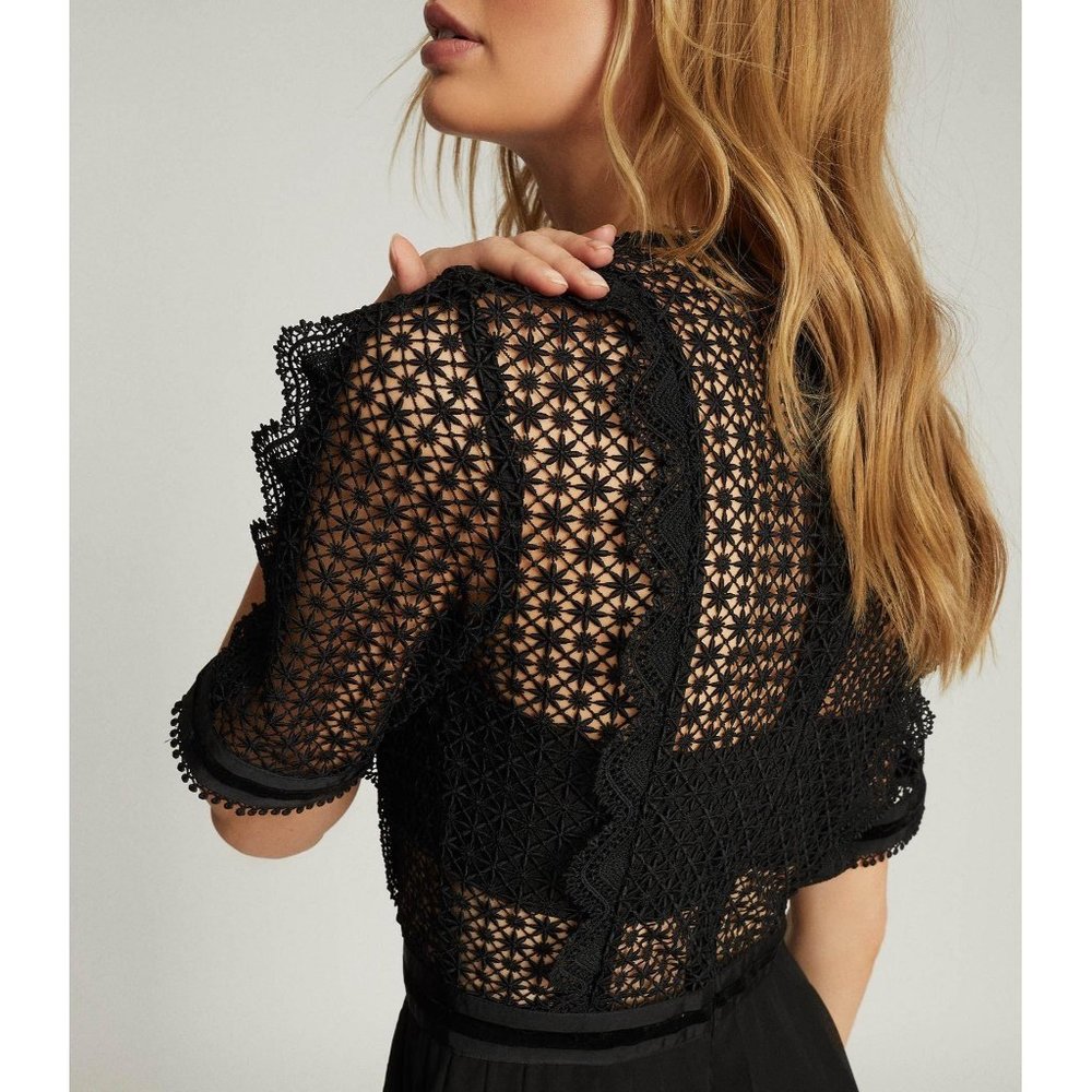 NWT Reiss Athena Lace Top Pleated Black Mini Dress, Size 6 - Picture 2 of 6